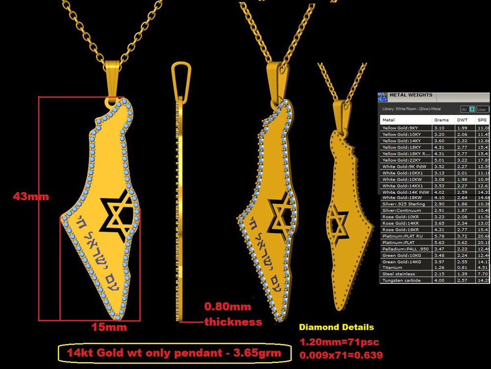 14K Lab-Grown Diamond Map of Israel and Star of David Pendant Cad Design 
