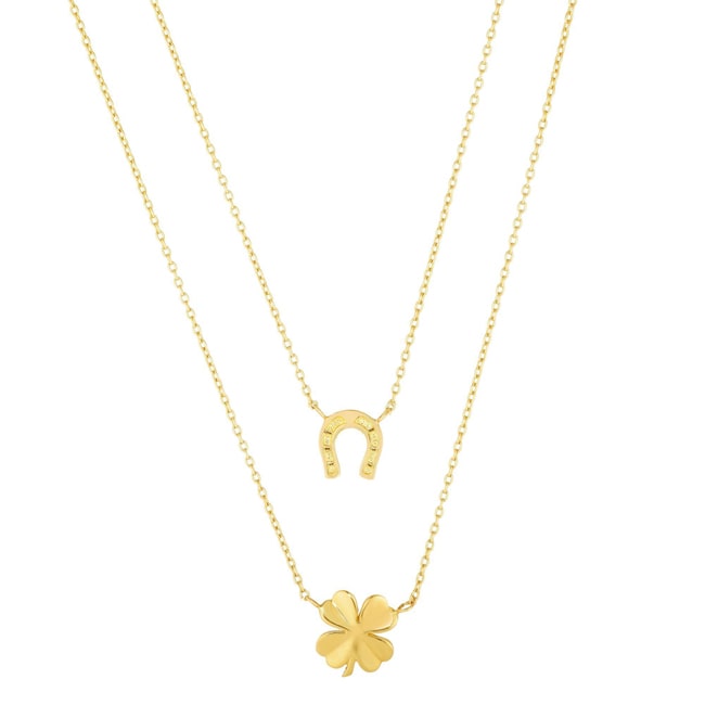 14K Yellow Gold Horseshoe And Irish Clover Multi-Strand Necklace (3.5.gr.tw)