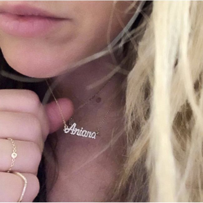 14k Yellow Solid Gold Diamonds Ariana Name Necklace On Woman Neck (0.38.ct.tw)