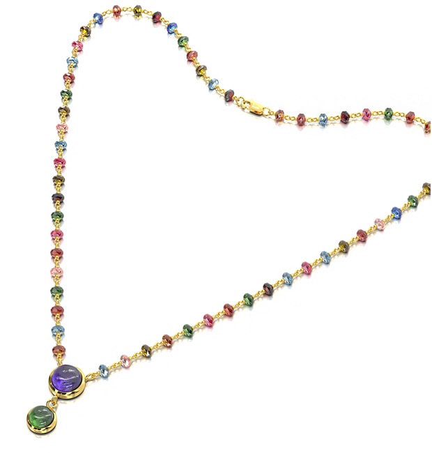 14k Antique Look Multi Color Tourmaline Rondalle Disc Cubshion Amethyst Tourmaline Drop Necklace