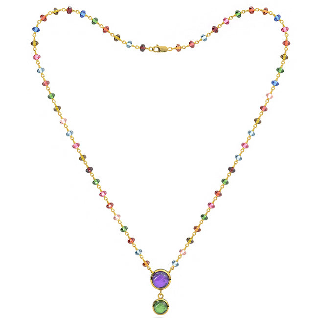 14k Antique Look Multi Color Tourmaline Rondalle Disc Cubshion Amethyst Tourmaline Drop Necklace