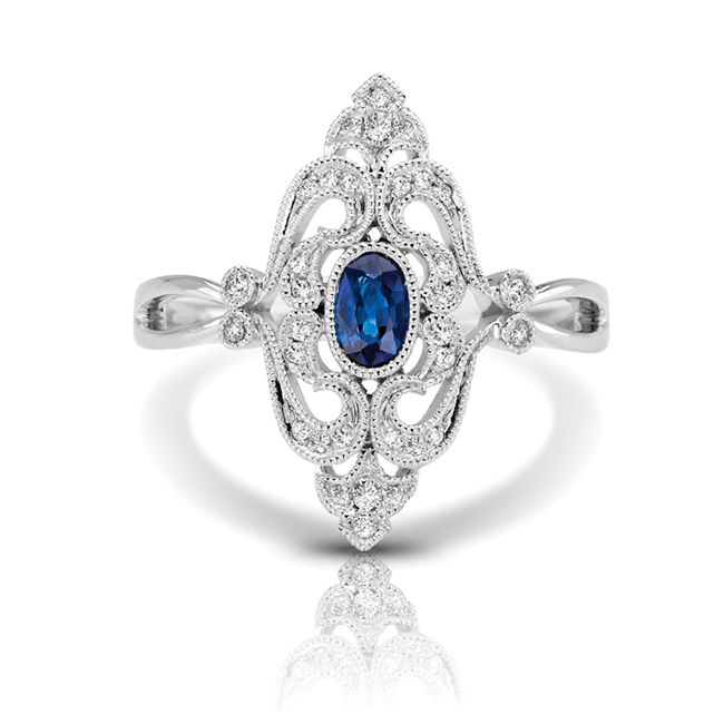 14k White Art Deco Sapphire Diamond Ring (0.40.ct.tw)