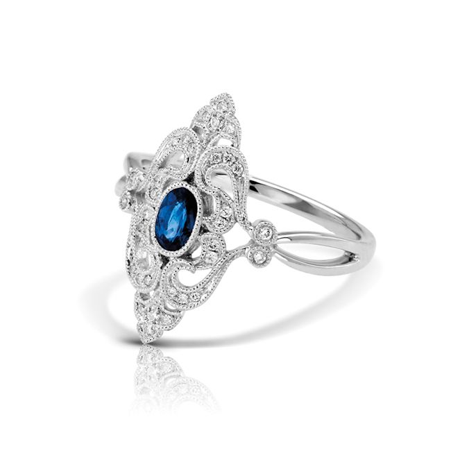 14k White Art Deco Sapphire Diamond Ring (0.40.ct.tw)