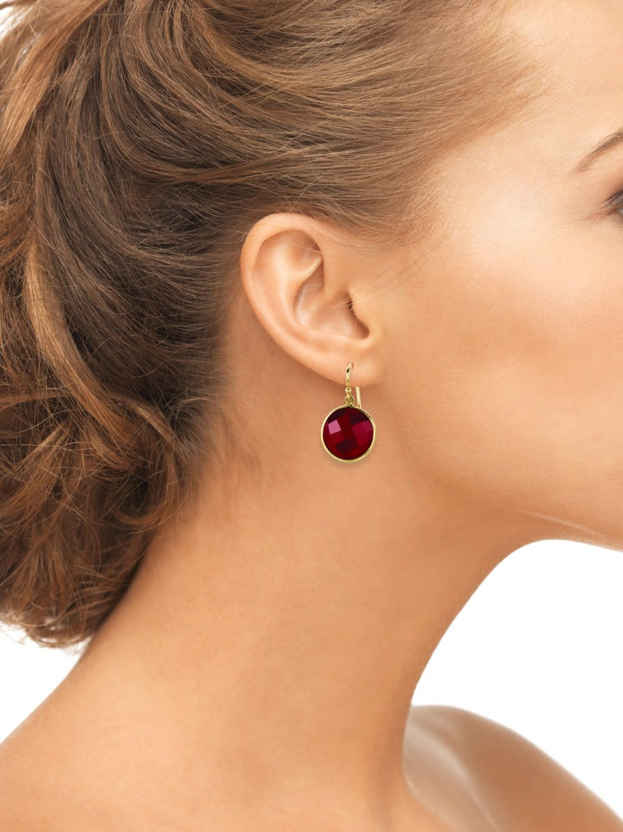 Yellow Gold Round Red Agate Dangle Earring  On Woman Ear (14.0.cts.tw)