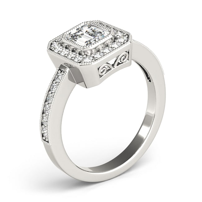 14k White Vintage Style Emerald-Round Lab Grown Diamond Ring (0.70.ct.tw)