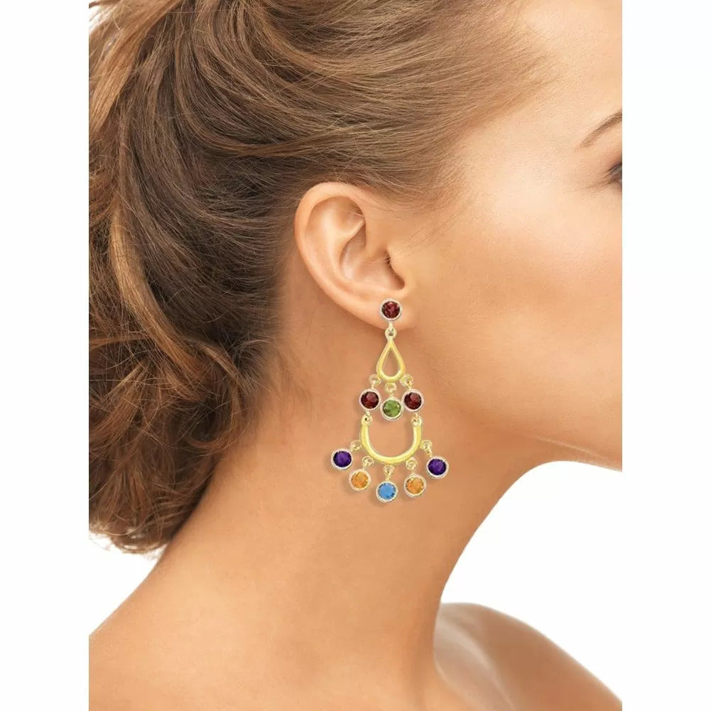 14k Multi-Gemstone Chandelier Dangle Earrings On Woman Ear (4.0.cts.tw)
