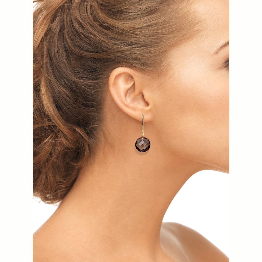 14k Double Face Smoky Topaz Briolette Hoop Earrings On Woman Ear (14.0.cts.tw)