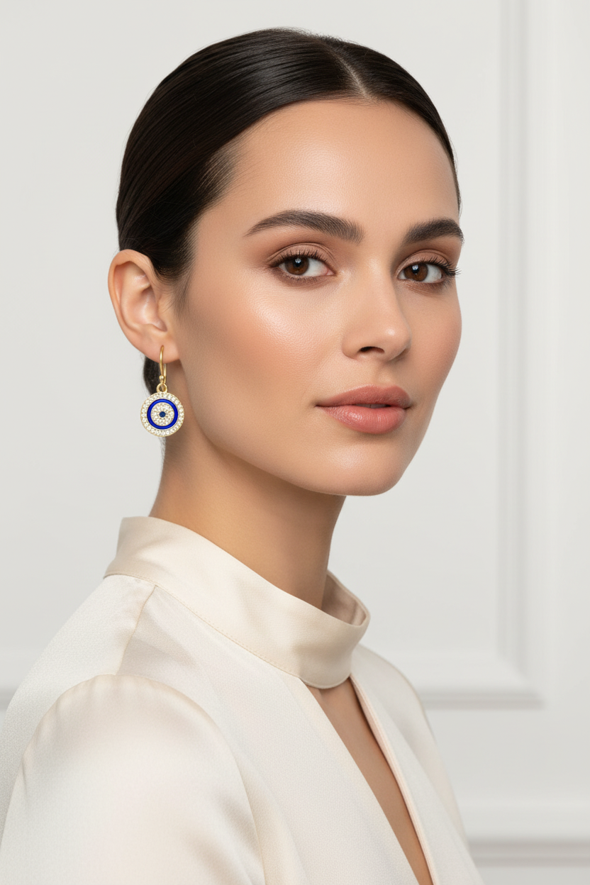 Evil Eye Disk Earrings on Model
