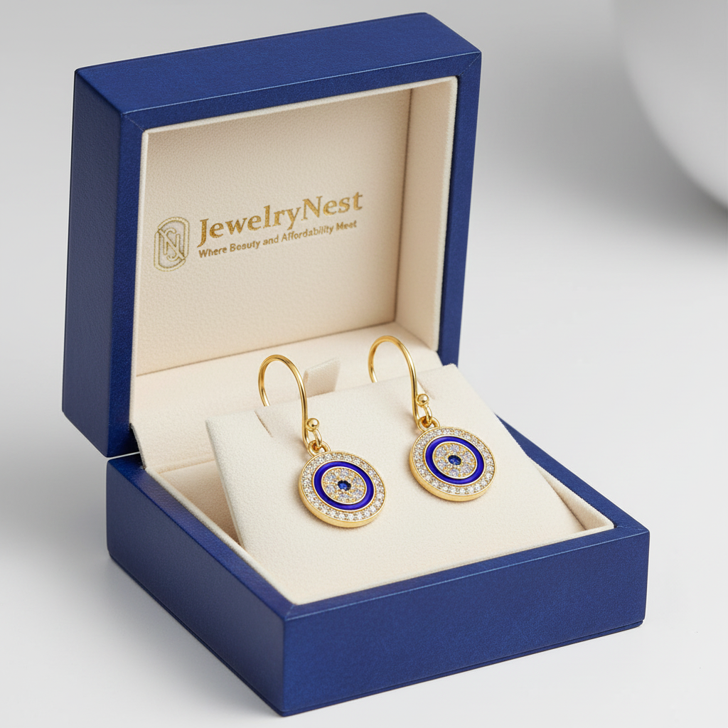 Evil Eye Earrings in Royal Blue Box with JewelryNest Logo