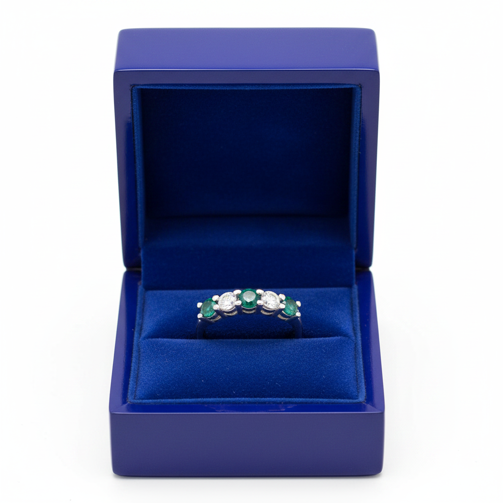 Five-Stone Emerald Diamond Ring in Royal Blue Gift Box