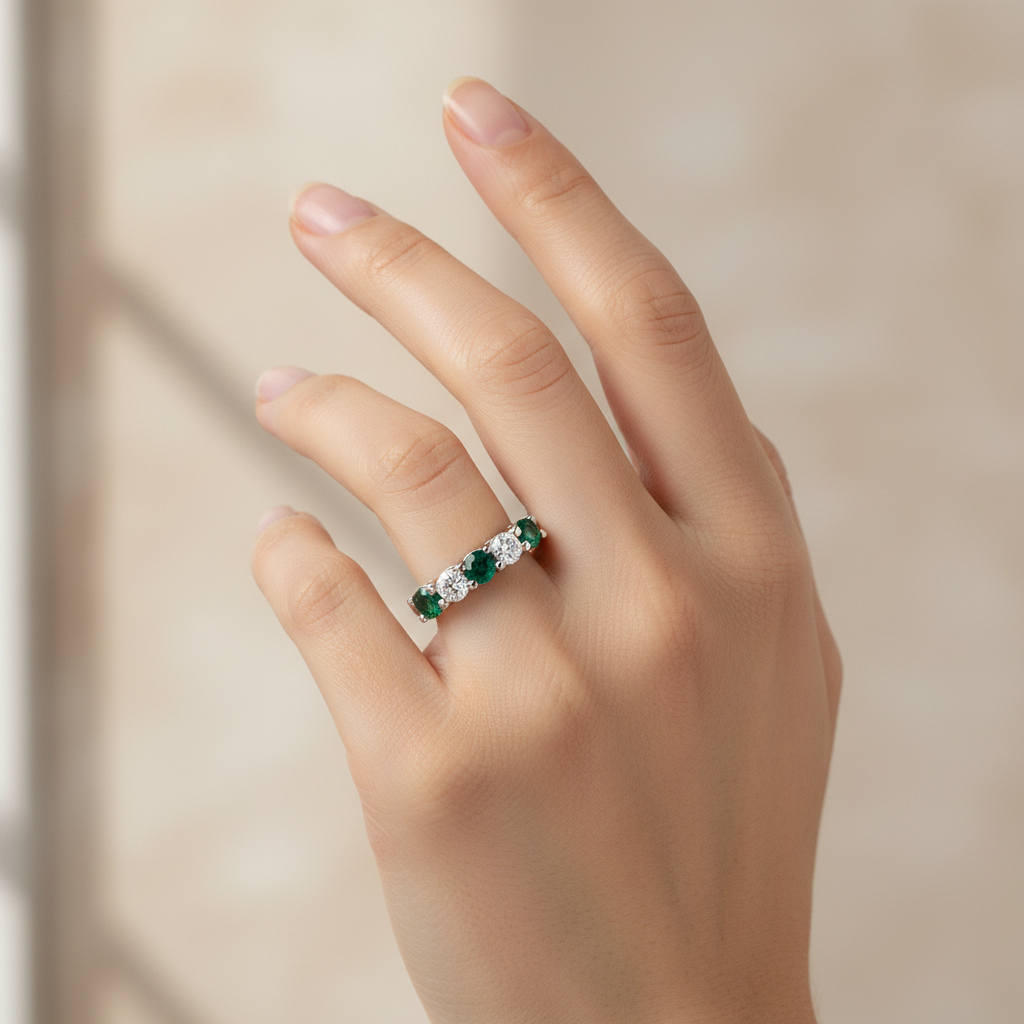 Five-Stone Emerald Diamond Ring on Model