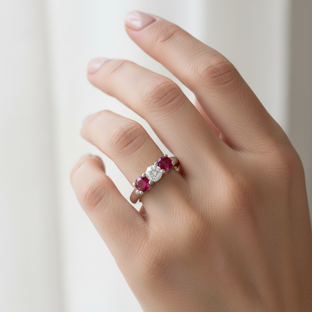 Five-Stone Ruby Diamond Ring on Model
