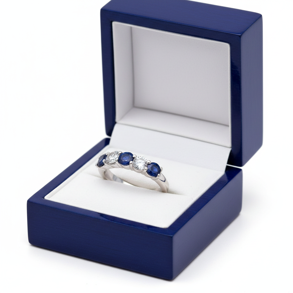 Five-Stone Sapphire Diamond Ring in Royal Blue Gift Box