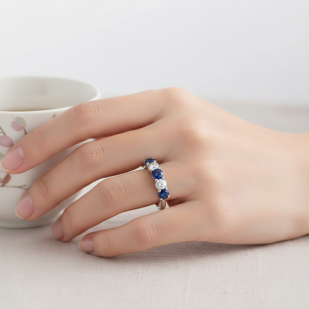 Five-Stone Sapphire Diamond Ring on Model