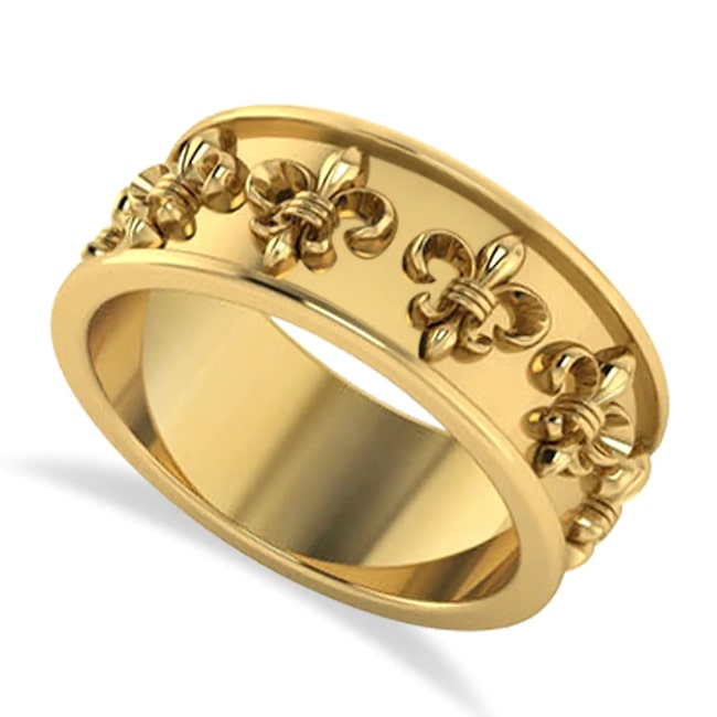 14k Solid Gold Fleur De Lis Unisex Cigar Wedding Band