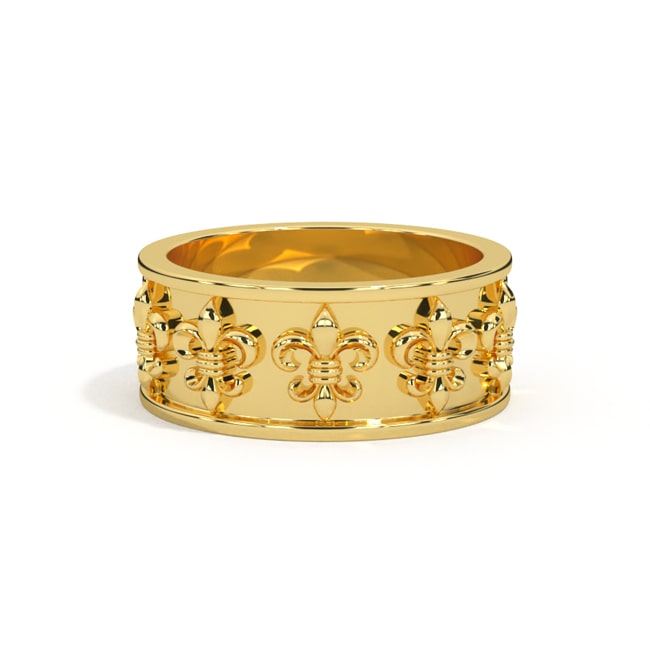 14k Solid Gold Fleur De Lis Unisex Cigar Wedding Band