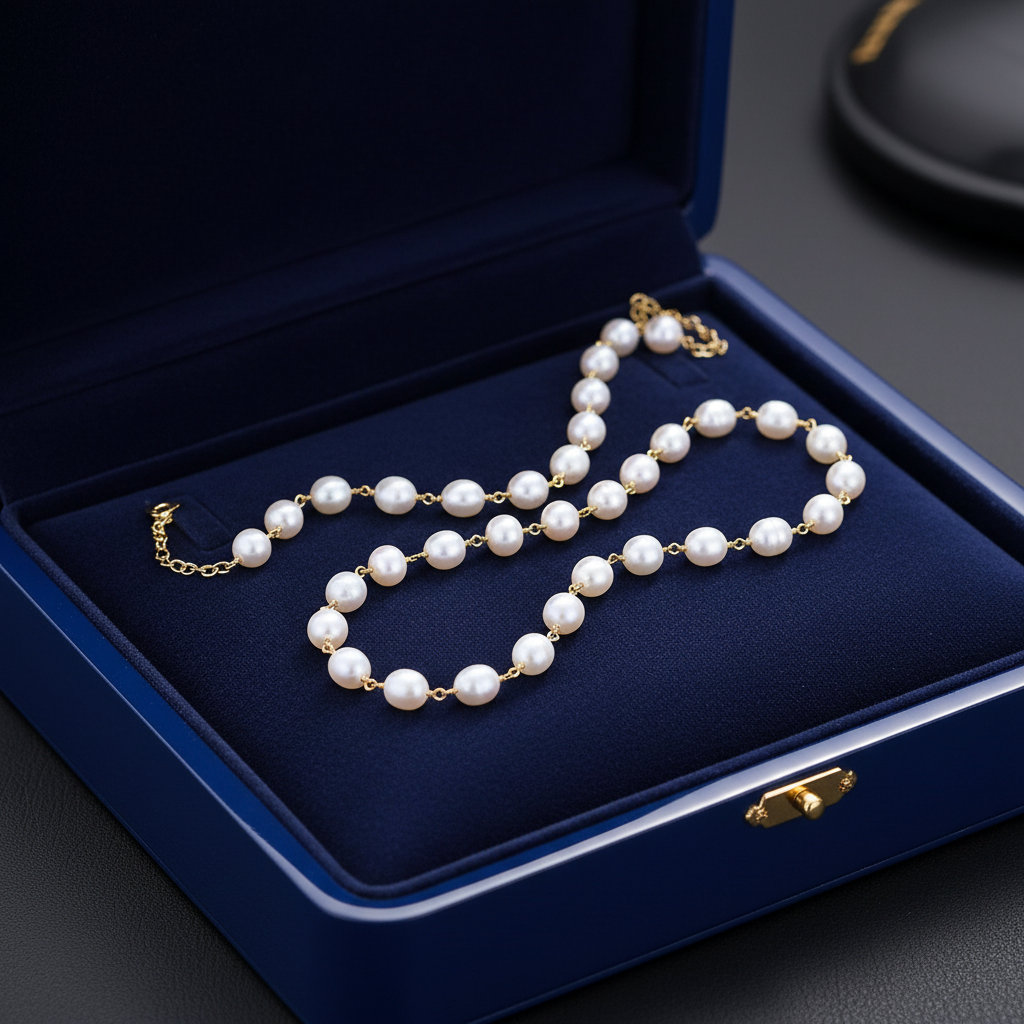 14k gold freshwater pearl and amethyst pendant necklace displayed in a royal blue box, showcasing elegant jewelry design.