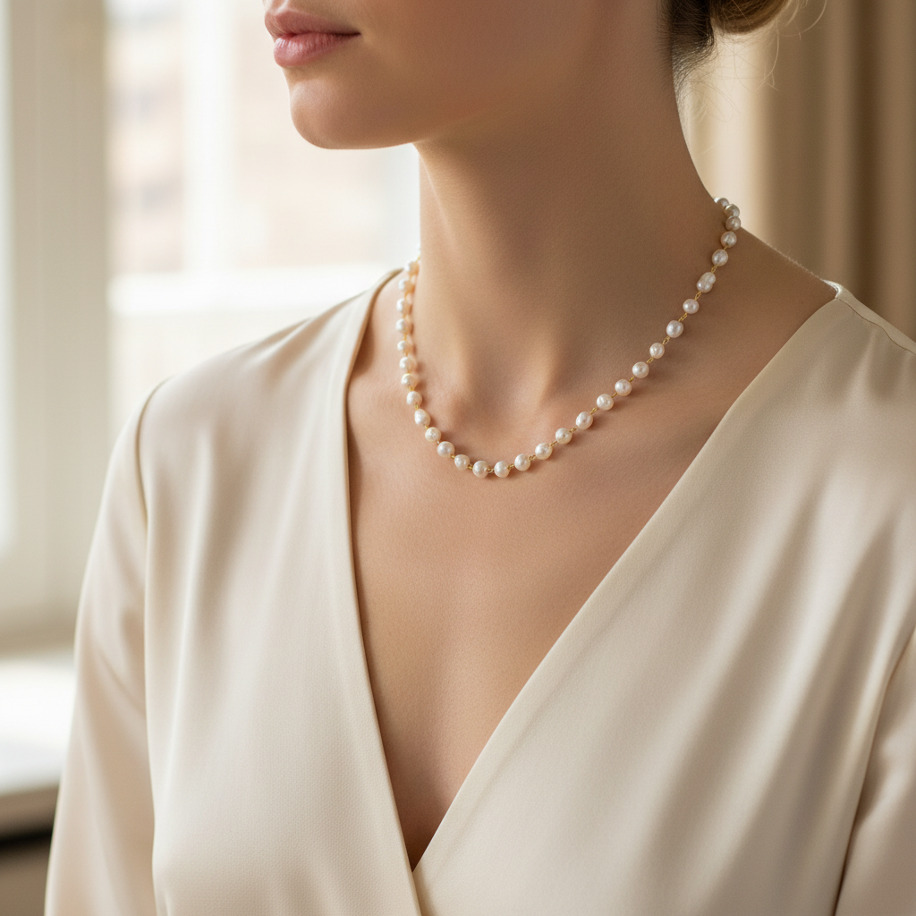 14k gold freshwater pearl and amethyst pendant necklace worn on a model, showcasing elegant jewelry with gemstone accents.