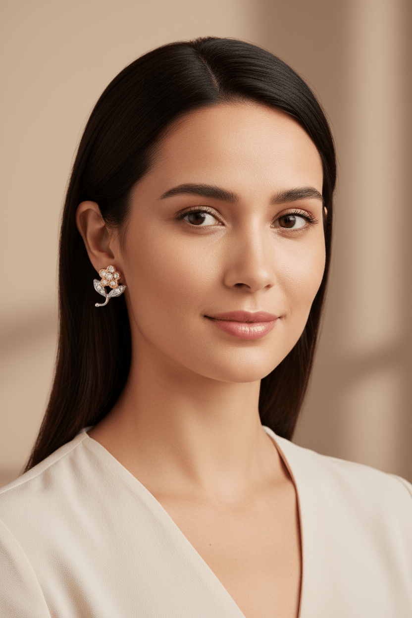 14k Gold Mini Daisy & Leaf Diamond Earrings, 0.20 ct TW - JewelryNest LLC