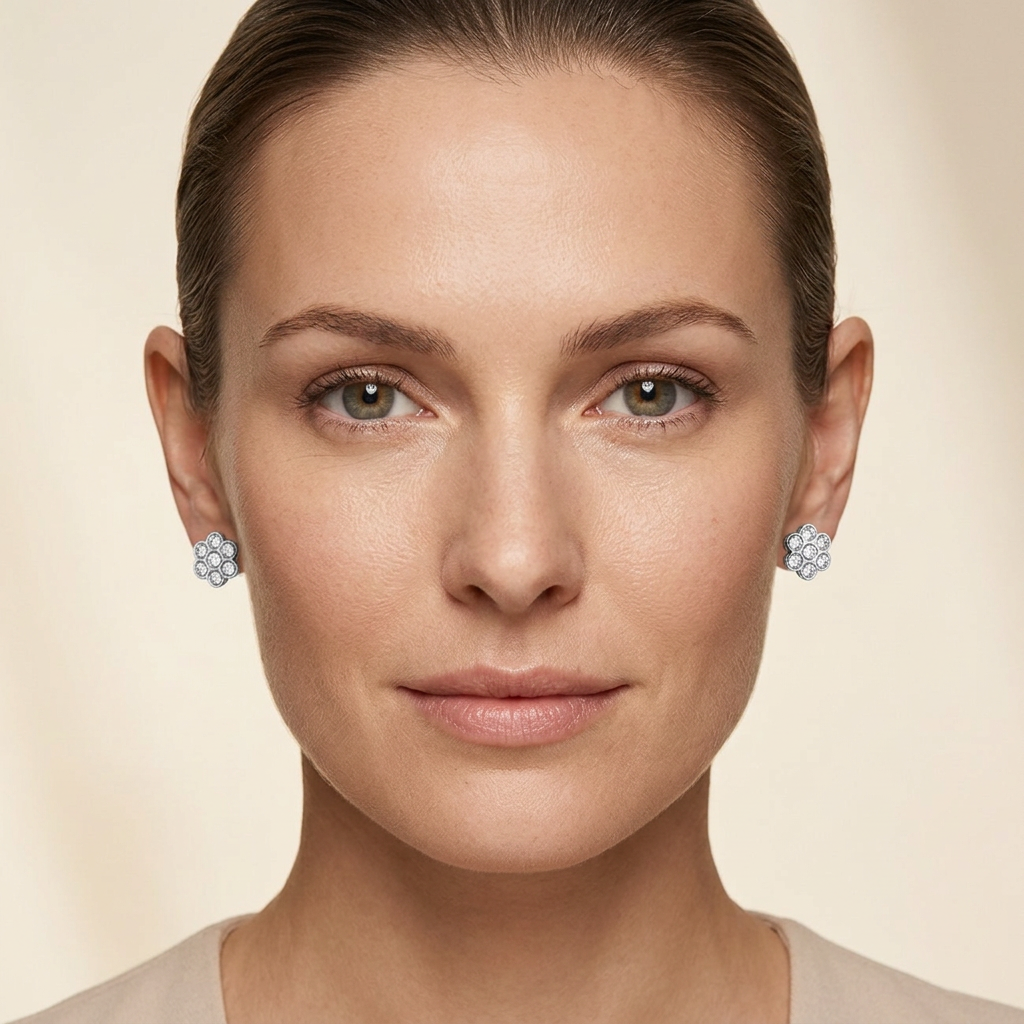 Full-face model wearing the diamond flower stud earrings