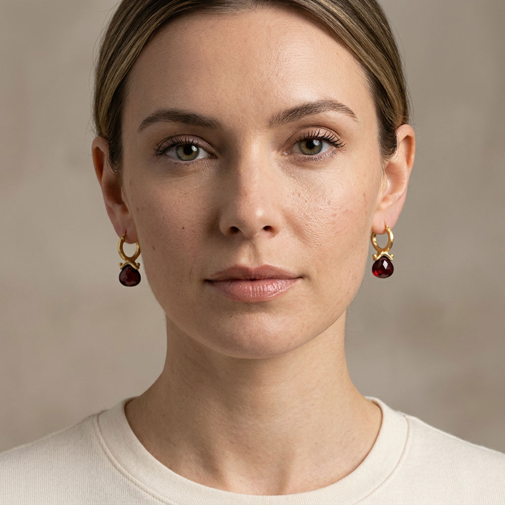 Full-face model wearing the gold garnet hoop earrings
