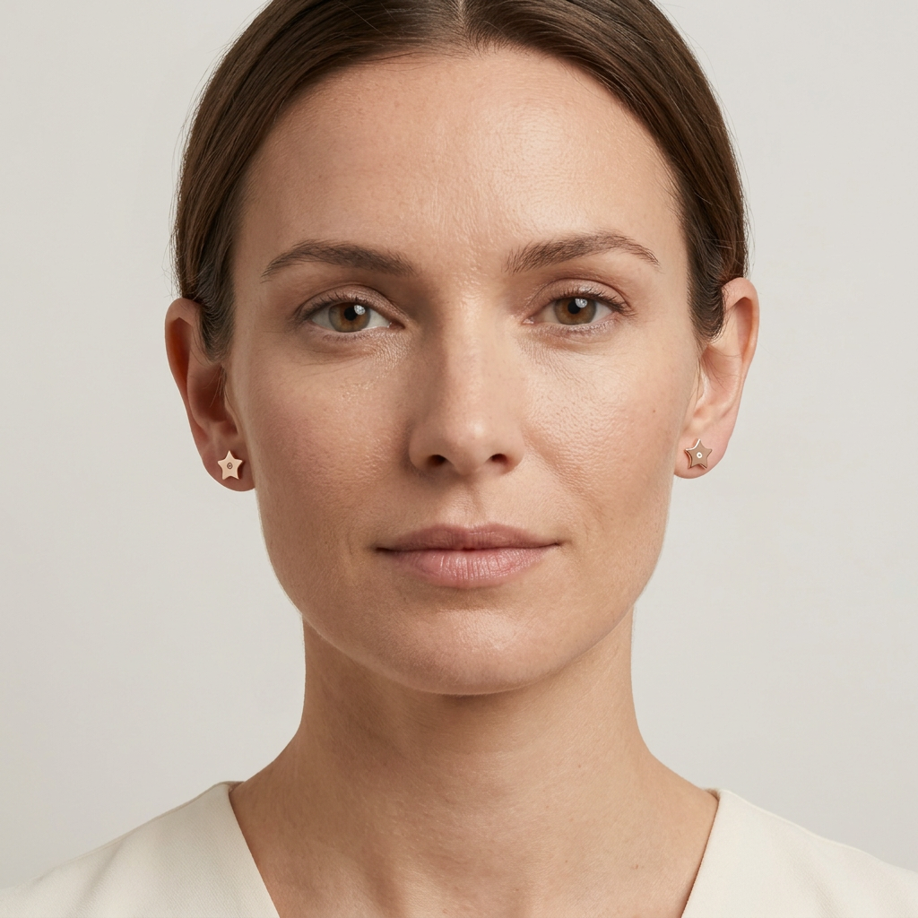 Full-face model wearing the rose-gold diamond star studs