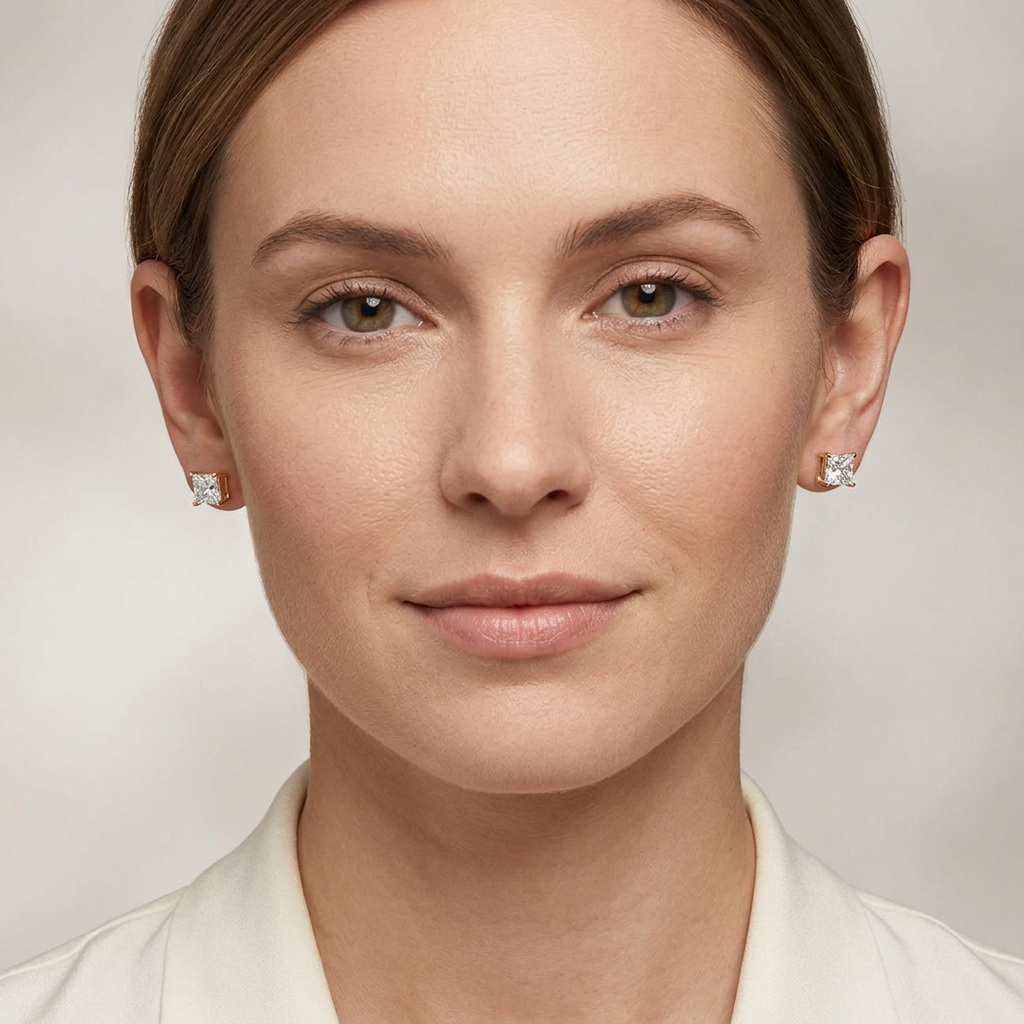 Full-face model wearing yellow-gold princess-cut diamond studs