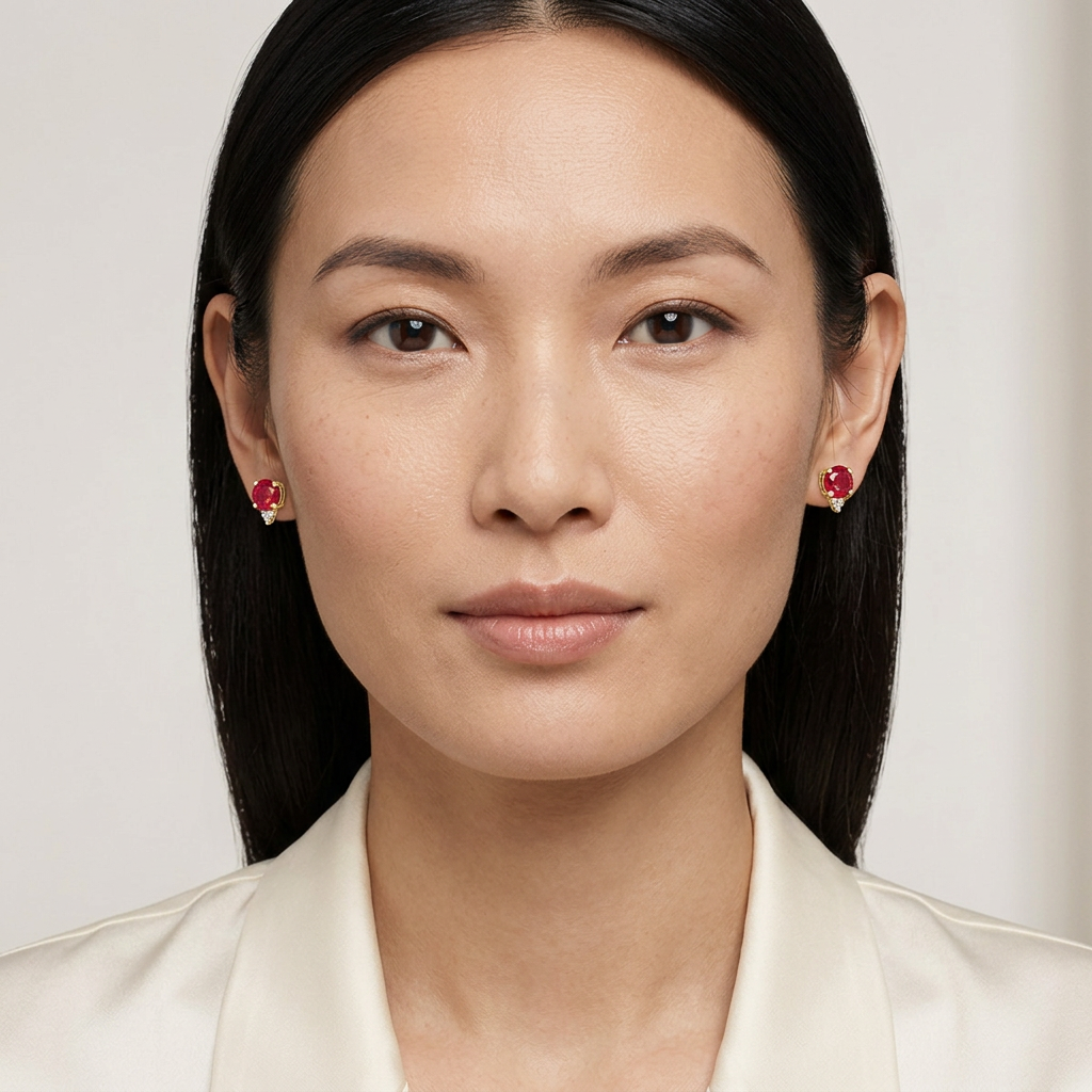 Full-face model wearing yellow-gold ruby and diamond stud earrings