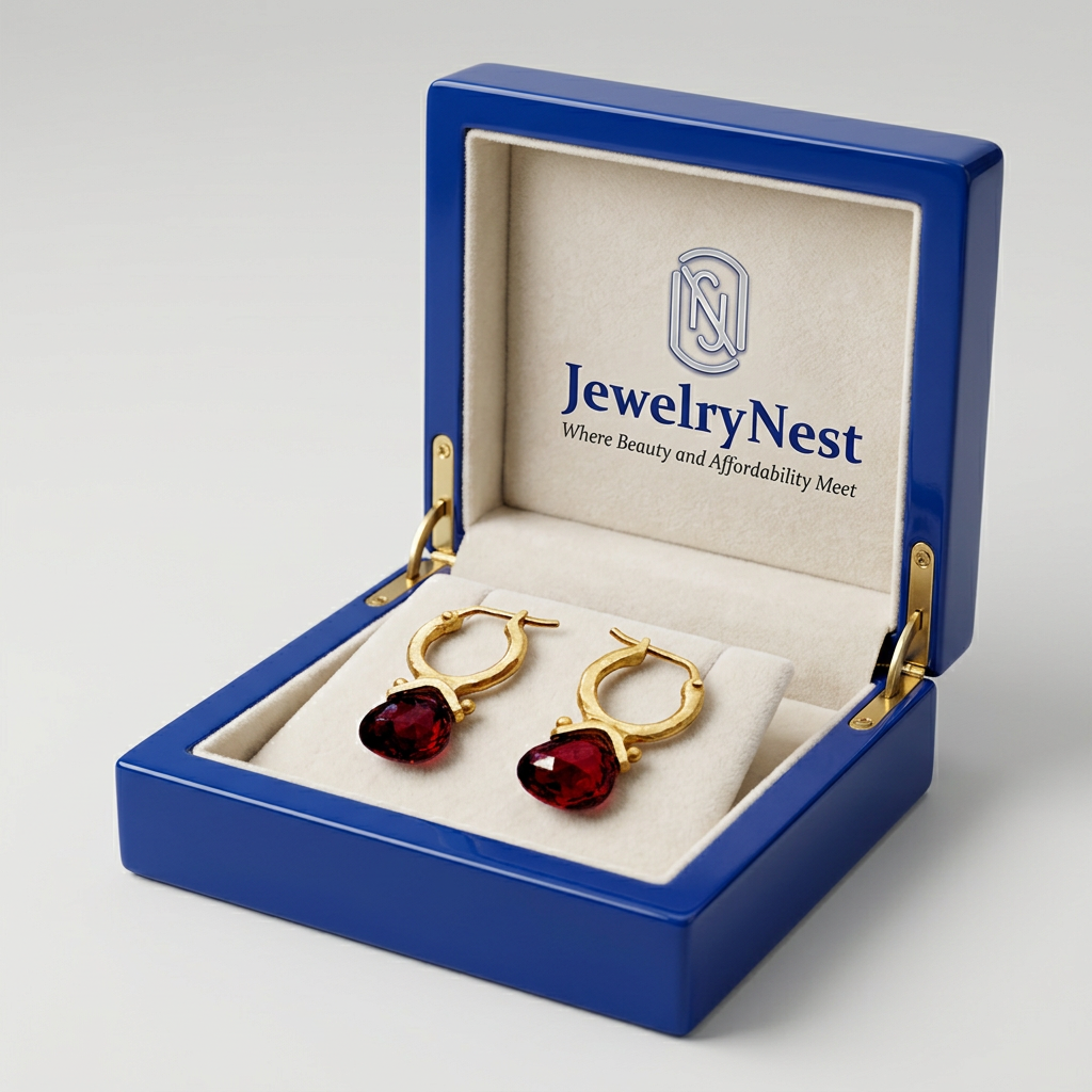 Garnet hoop earrings in a royal-blue wooden box with the JewelryNest logo