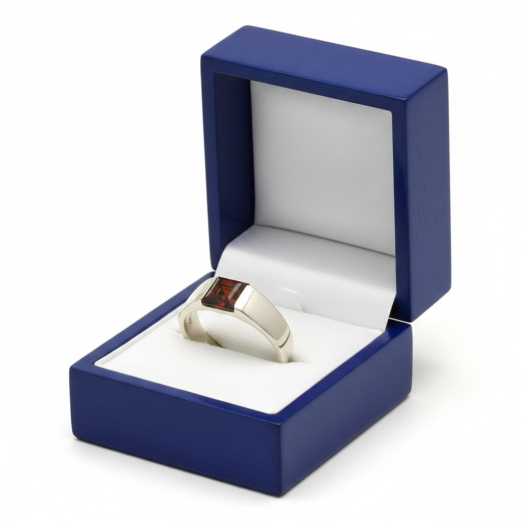 Garnet Tank Ring in Royal Blue Gift Box