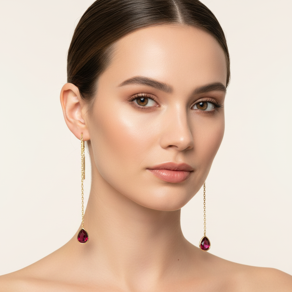 Garnet Threader Earrings on Model
