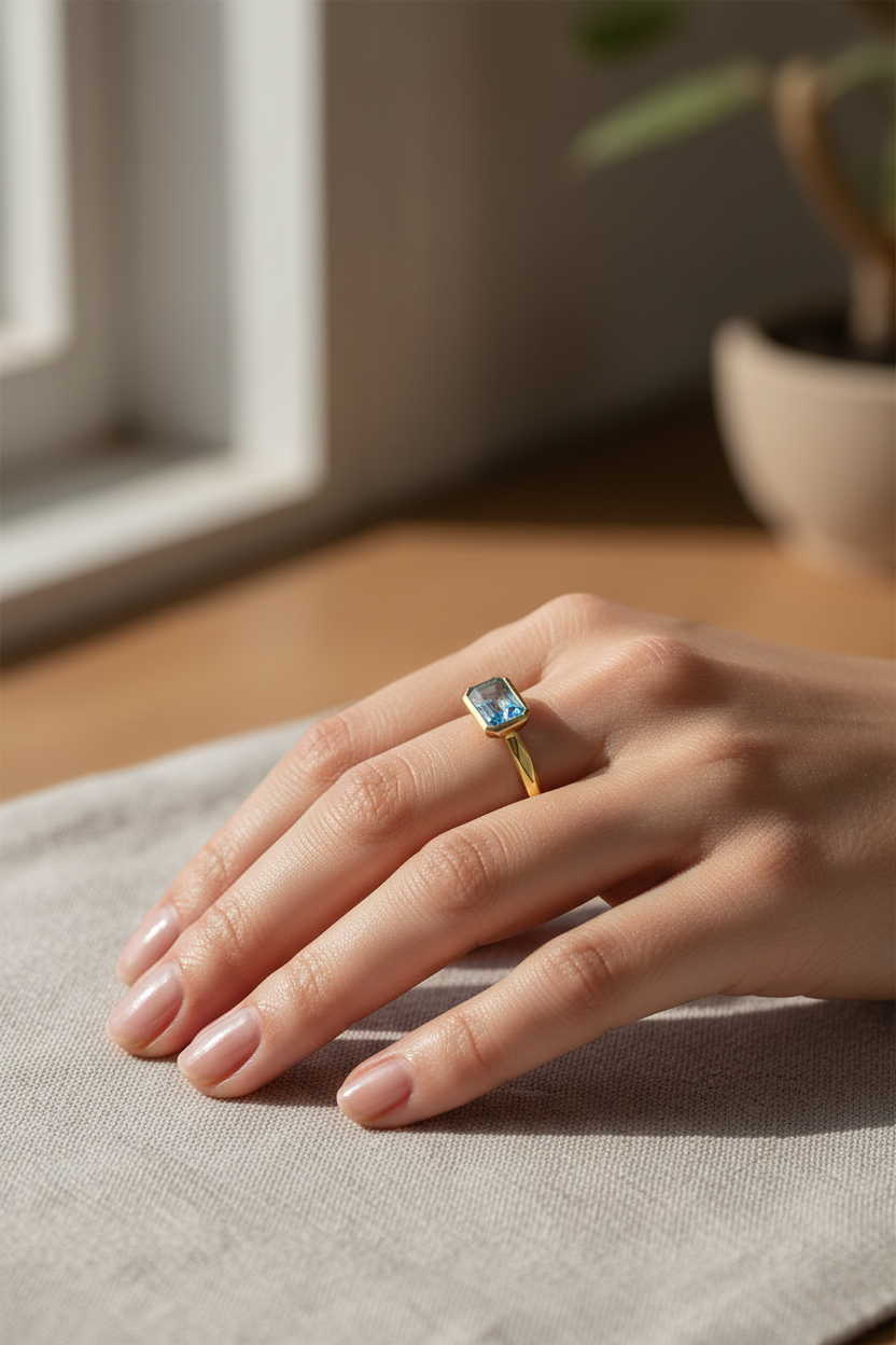 14k gold octagon geometric solitaire ring with 0.20 ct tw, worn on a model’s finger, showcasing modern jewelry style.