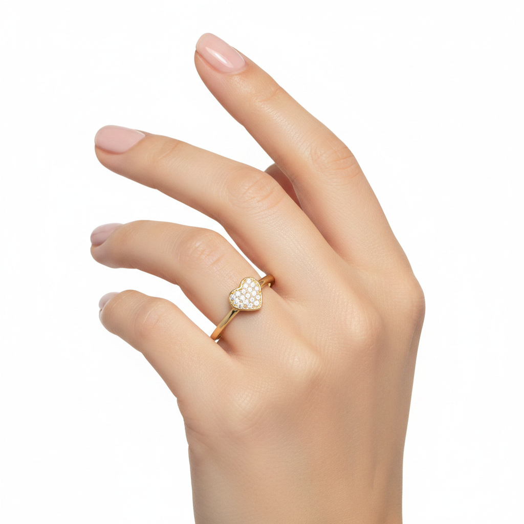 Gold Heart Pavé Ring On Hand