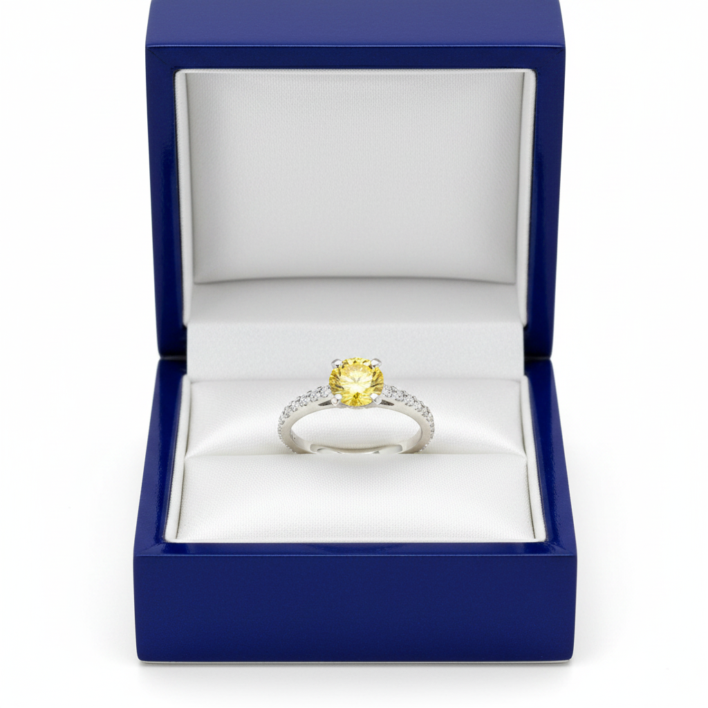 14k white gold fashion ring with a 0.90 ct yellow diamond, presented in a royal blue wooden box.