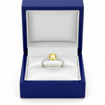 14k white gold fashion ring with a 0.90 ct yellow diamond, presented in a royal blue wooden box.