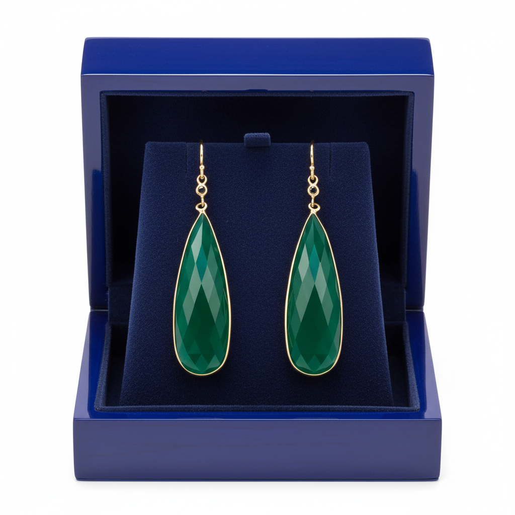 Green Agate Black Diamond Earrings in Royal Blue Box