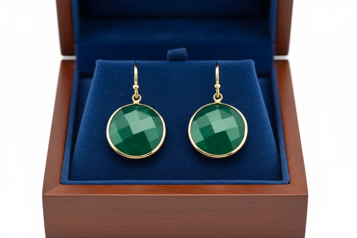 Green Agate Earrings in Wooden Royal Blue Box