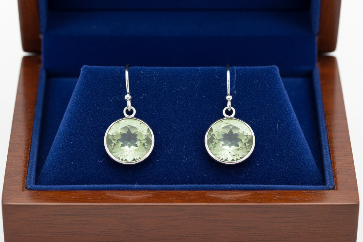 Green Amethyst Earrings in Wooden Royal Blue Box