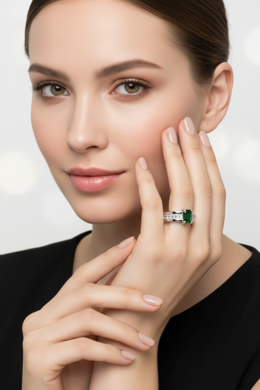 Green Emerald Diamond Ring on Model