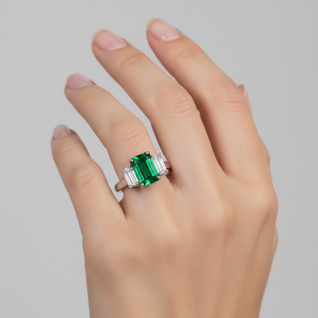 14k gold three stone green emerald and diamond ring on hand, showcasing a sparkling jewelry nest fashion ring with 1.60 cts tw.