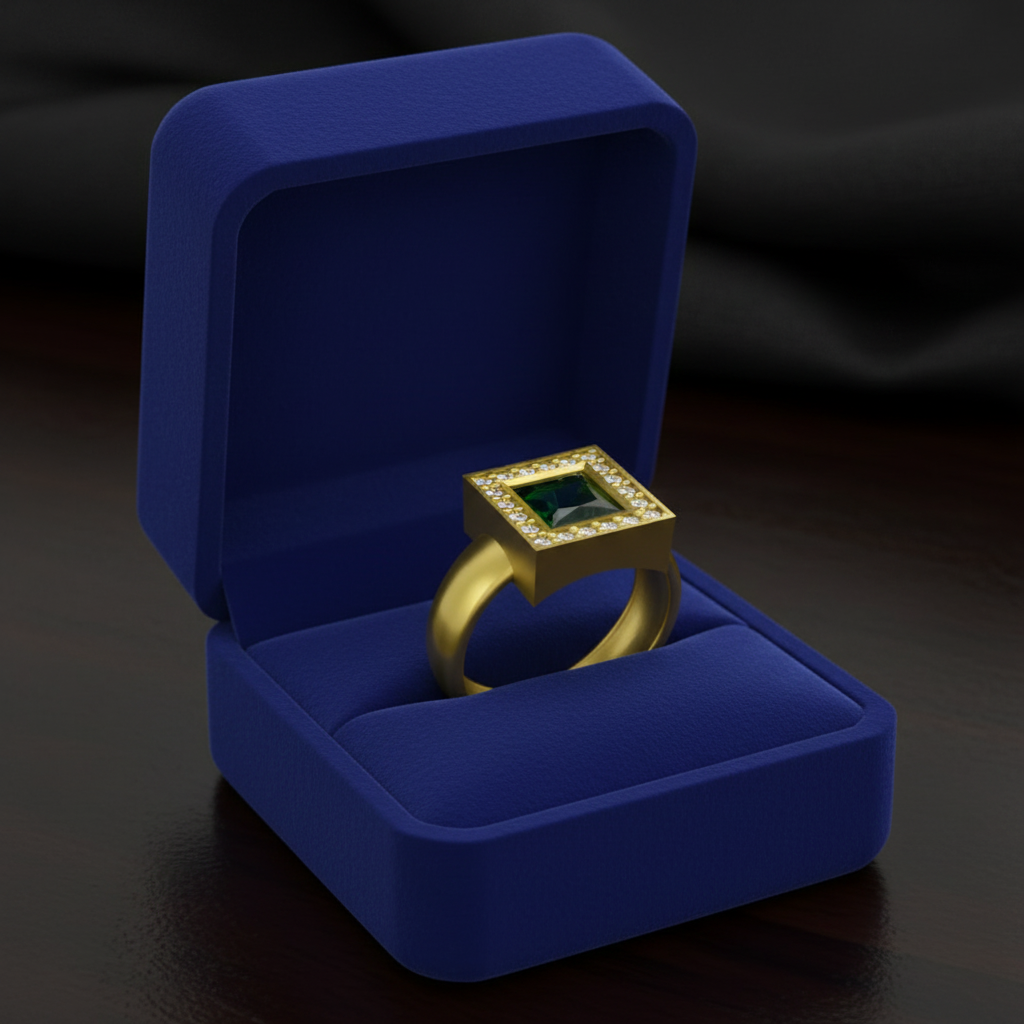 14k gold green tourmaline and diamond fashion ring from JewelryNest displayed in a gift box.