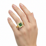 14k gold green tourmaline and diamond fashion ring on model, showcasing vibrant gemstone and sparkling accents.