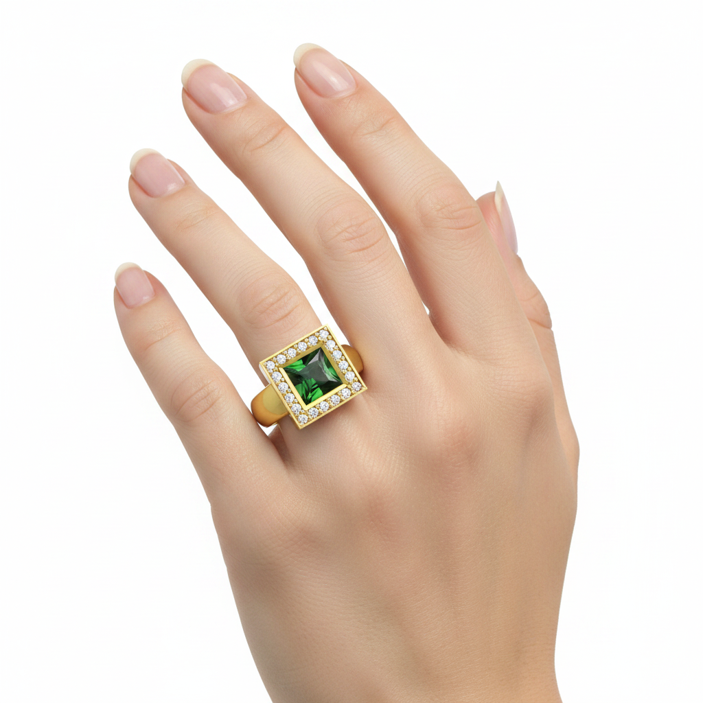14k gold green tourmaline and diamond fashion ring on model, showcasing vibrant gemstone and sparkling accents.