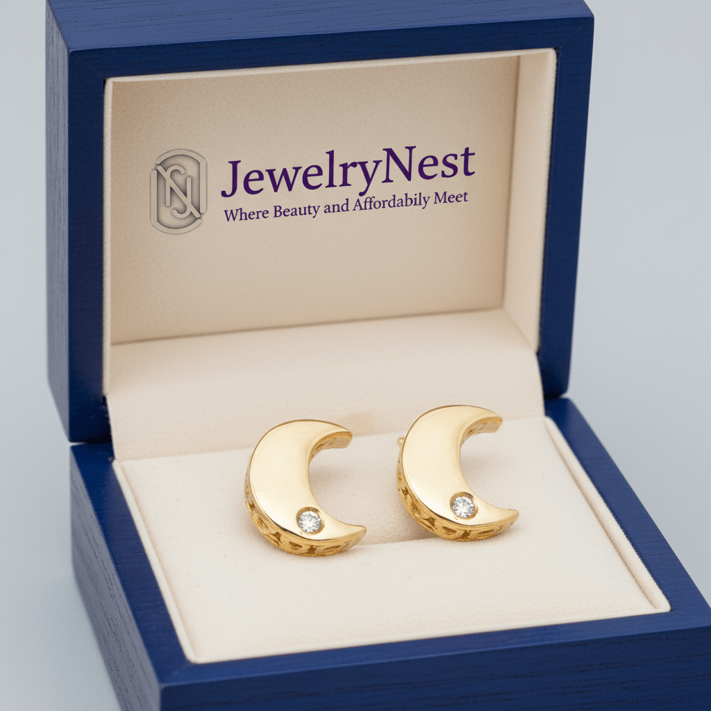 14k Solid Gold Half-Moon Diamond Stud Earring, 0.04 ct TW - JewelryNest LLC