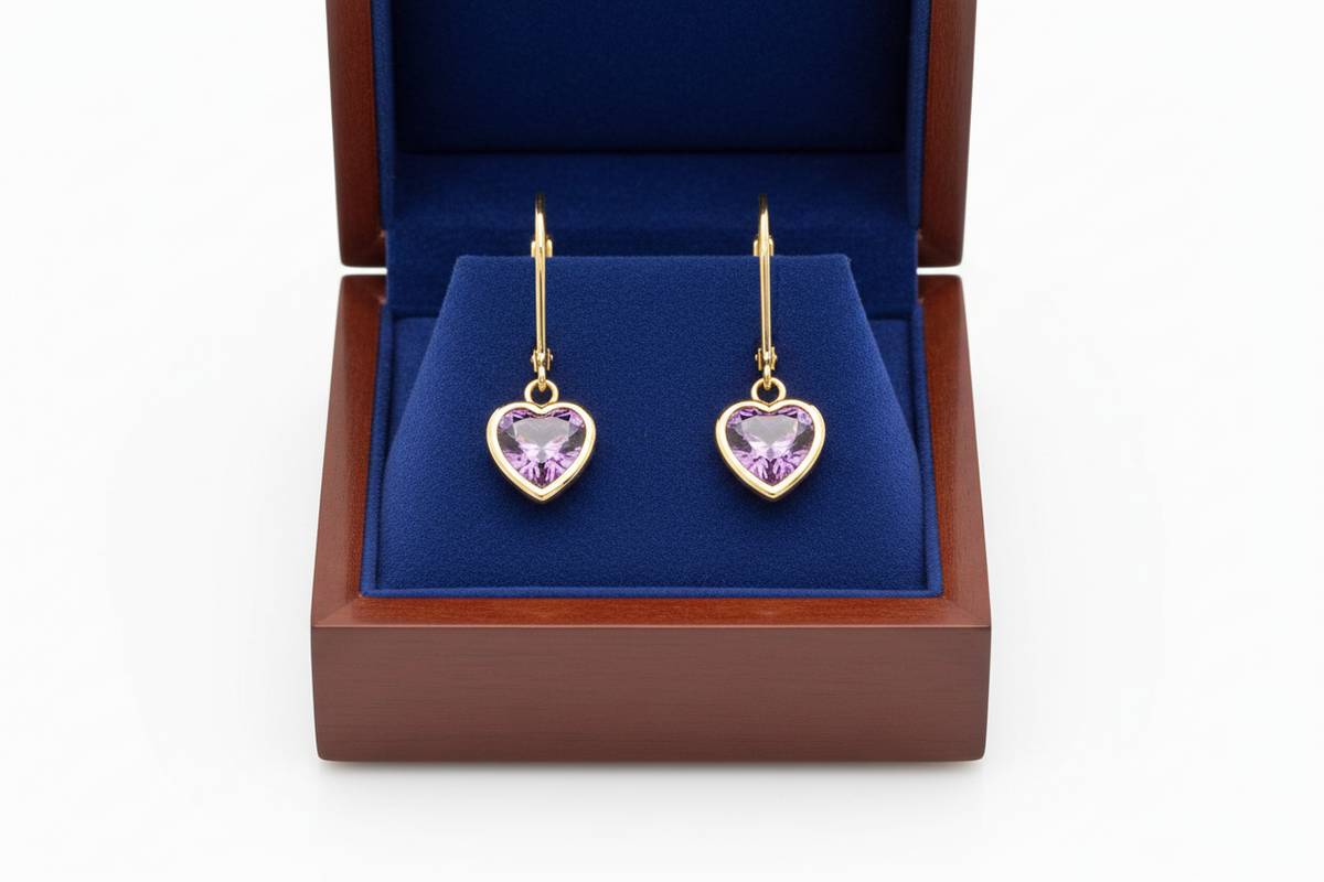Heart Amethyst Earrings in Wooden Royal Blue Box
