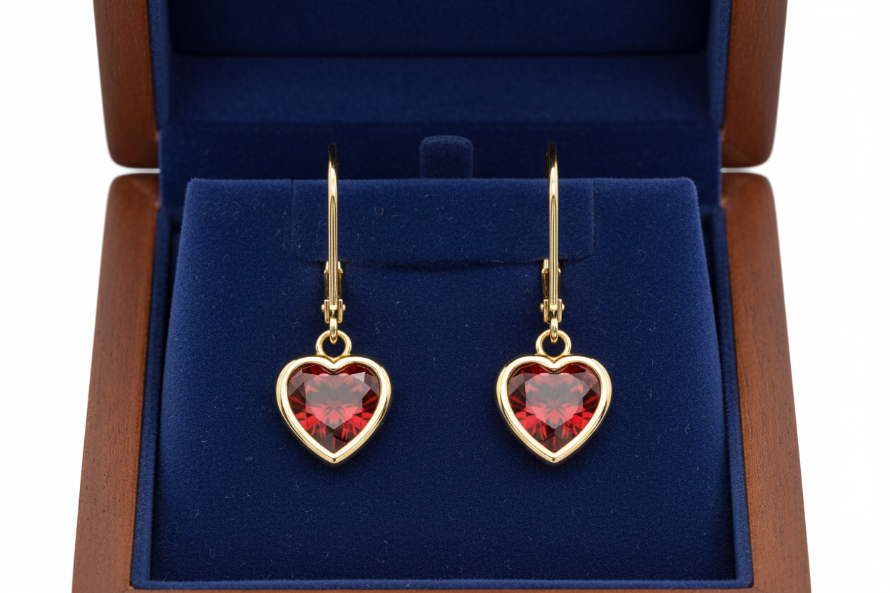 Heart Garnet Earrings in Wooden Royal Blue Box