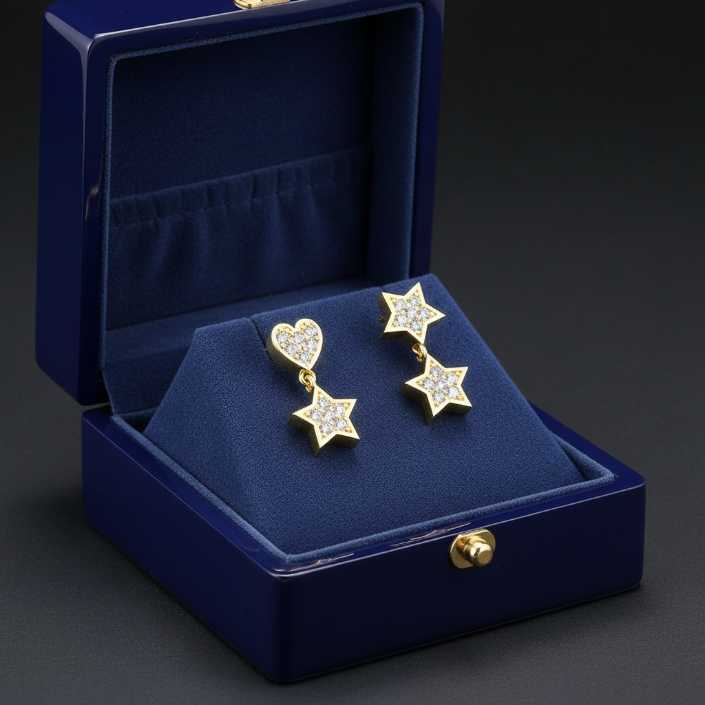 Heart Star Earrings in Wooden Blue Box