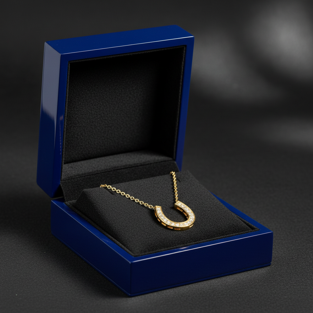 Horseshoe Diamond Necklace in Royal Blue Box