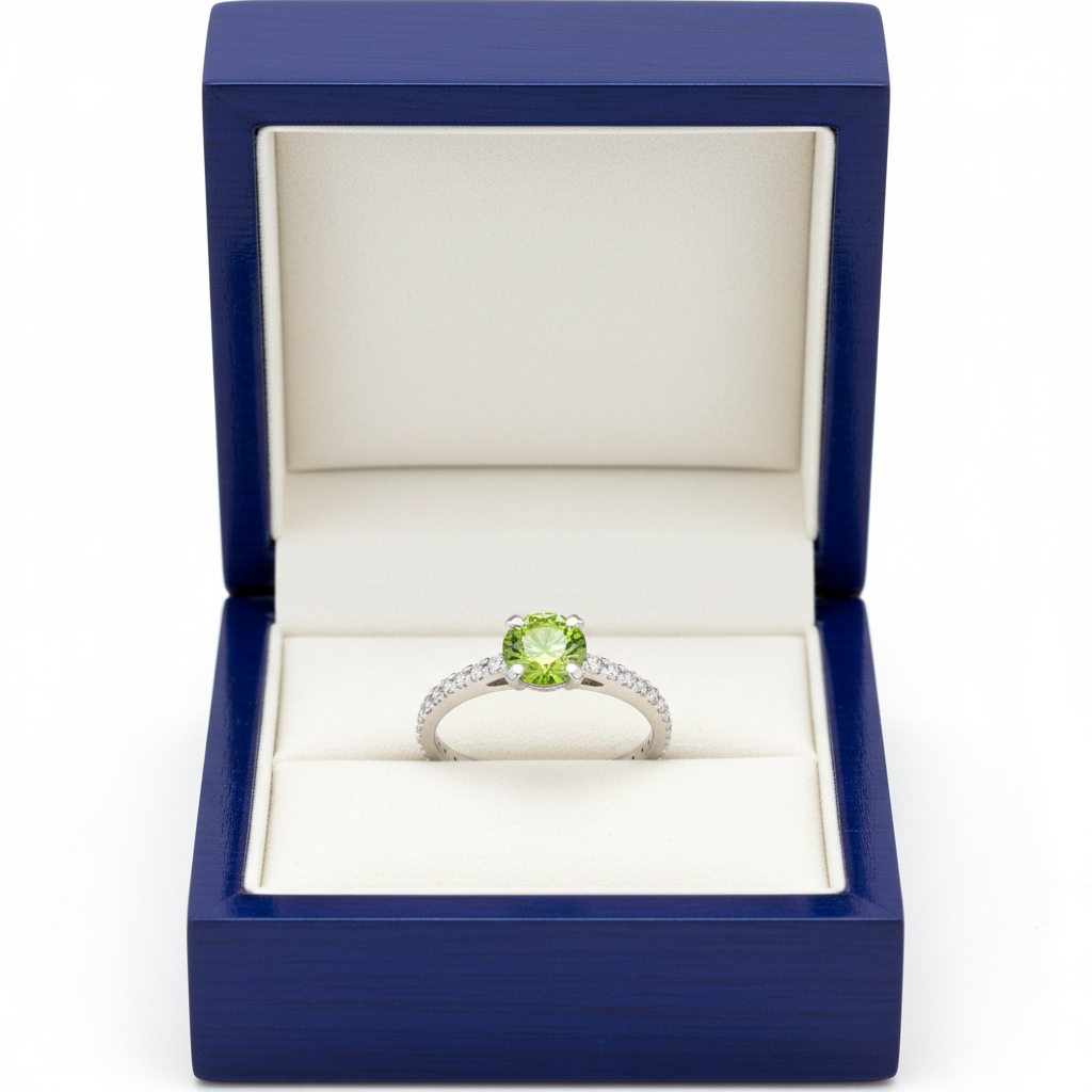 14k white gold ice green diamond solitaire fashion ring with 0.65 ct tw in a royal blue wooden box.