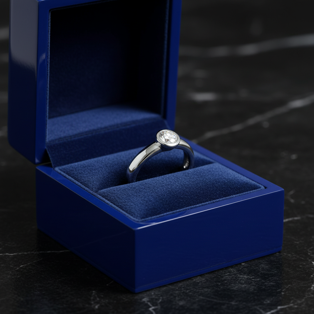 14k white gold round bezel solitaire diamond ring in royal blue wooden jewelry box